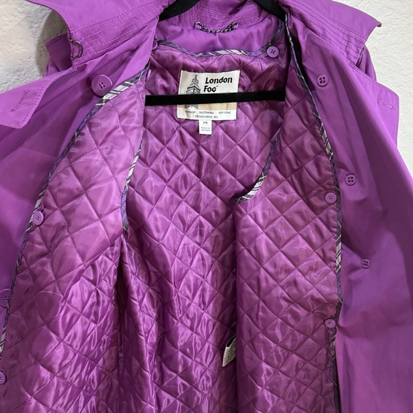 LONDON FOG Trench Coat Purple Grape Jacket With Hoodie & Belt Women Size PM - Picture 5 of 10